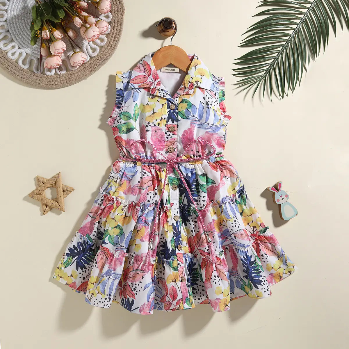 Girls Pink Floral Printed Sleeveless Shirt Dress Casual Dresses Pink 3-4 Y