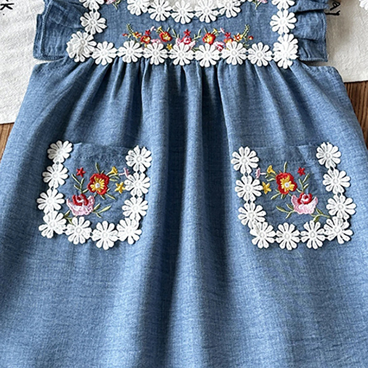 Girls Blue Sleeveless Floral Embroidered A-line Dress Casual Dresses
