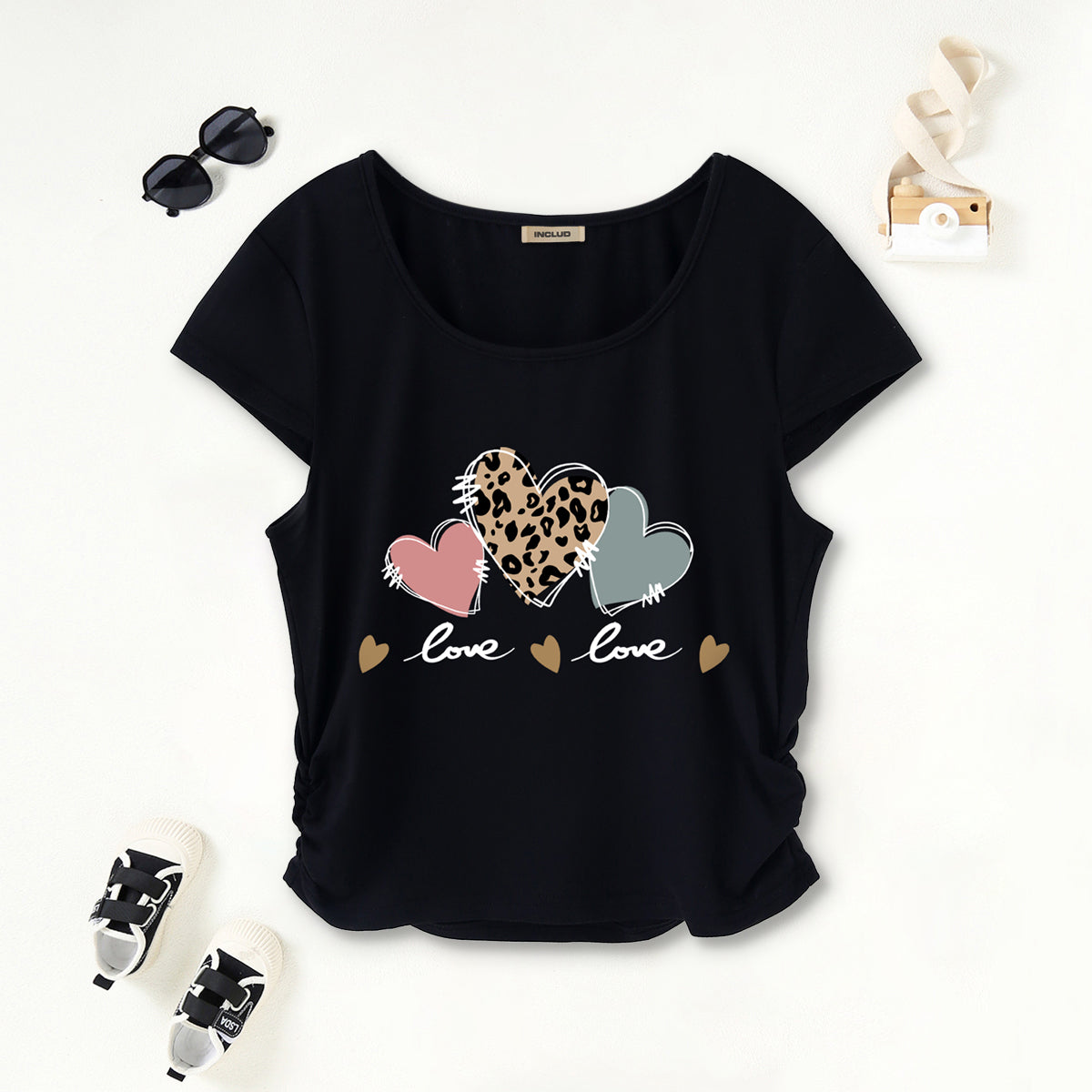 Girls Black Hearts Printed Short Sleeves Scoop Neck T-Shirt Tshirts Black 7-8 Y