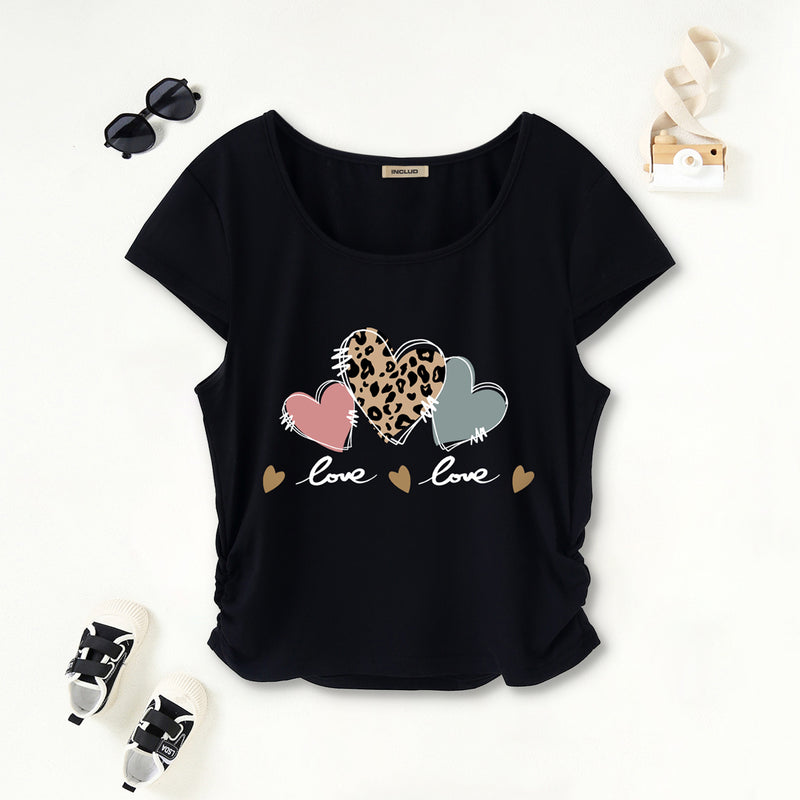 Girls Black Hearts Printed Short Sleeves Scoop Neck T-Shirt Tshirts Black 7-8 Y