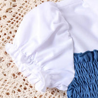 Girls Blue Short Sleeves Smocked Top With Wide-leg Pants Sets Sets