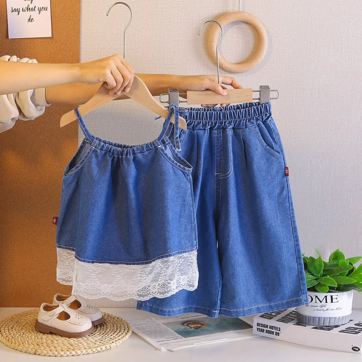 Girls Blue Denim Heart Embroidered Top With Capri Sets Sets