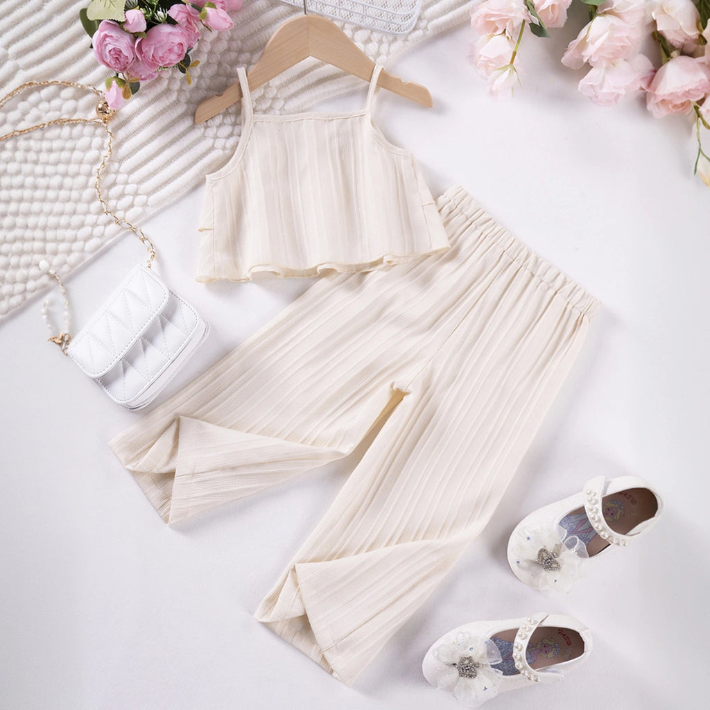 Girls Off White Self Stripes Sleeveless Tiered Top With Pants Co-ord Sets Sets