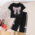 Girls Black Bow Embroidered Short Sleeve T-Shirt With Pants Sets 2 pc. Sets Black 2-3 Y
