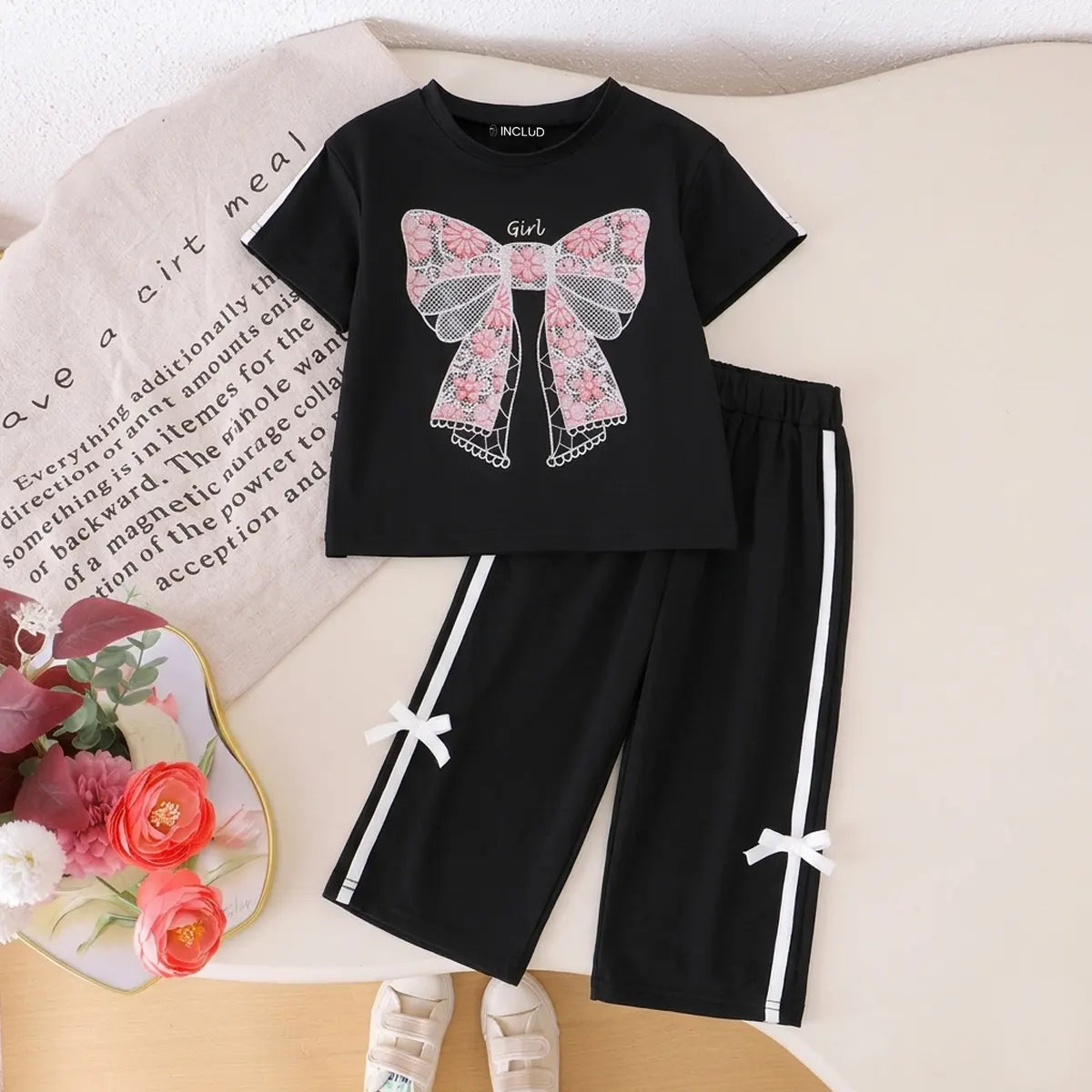 Girls Black Bow Embroidered Short Sleeve T-Shirt With Pants Sets 2 pc. Sets Black 2-3 Y