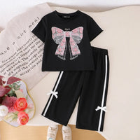 Girls Black Bow Embroidered Short Sleeve T-Shirt With Pants Sets 2 pc. Sets Black 2-3 Y