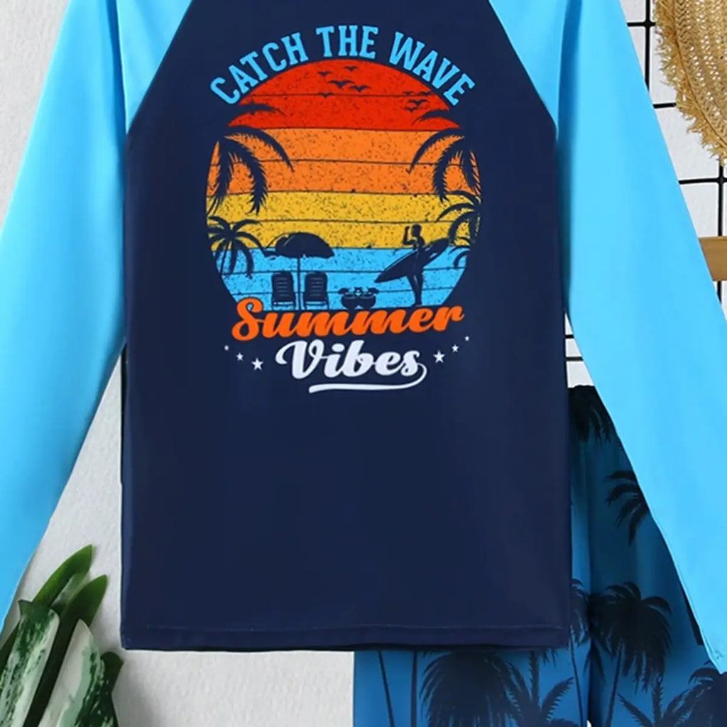 Boys Navy Blue Graphics Long Sleeves T-Shirt & Shorts Swimsuit Sets Sets
