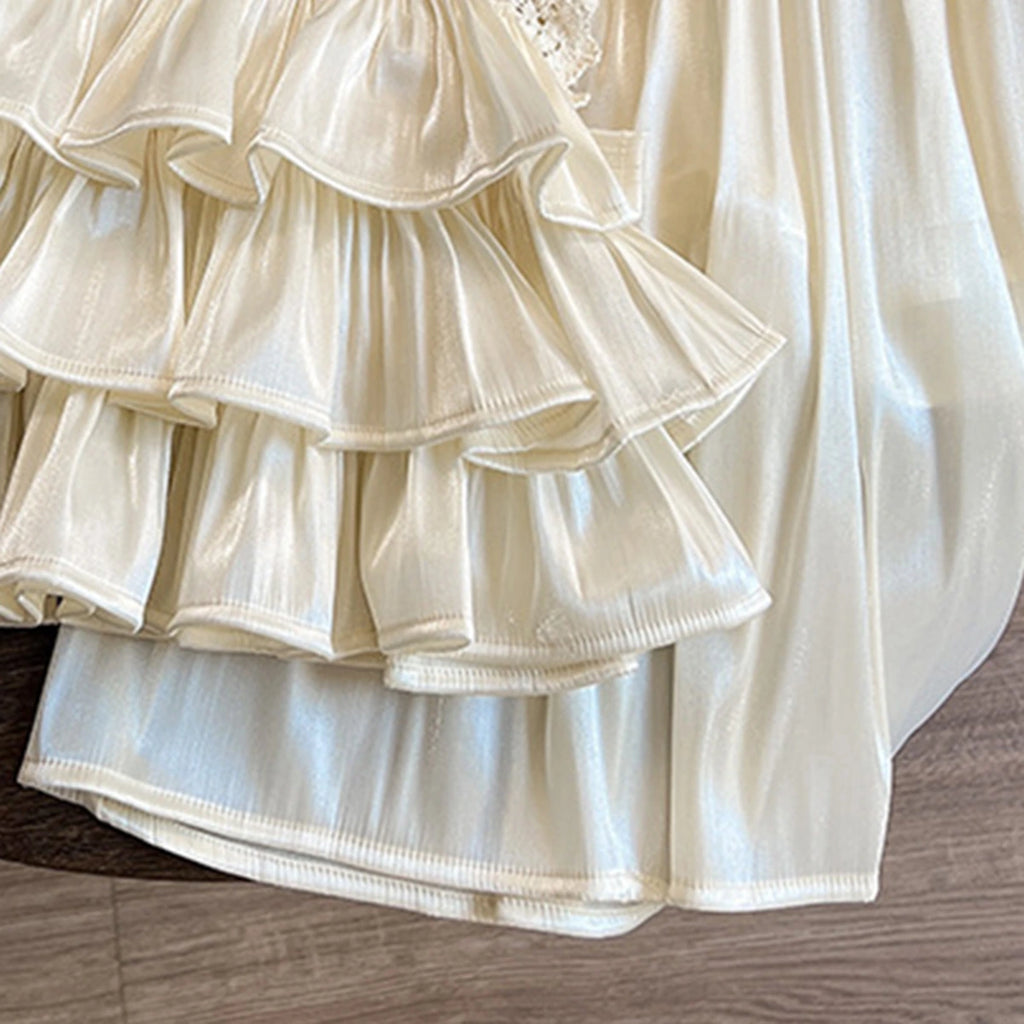Girls Cream Sleeveless Layered Top With Elasticated Skirt Sets 2 pc. Sets