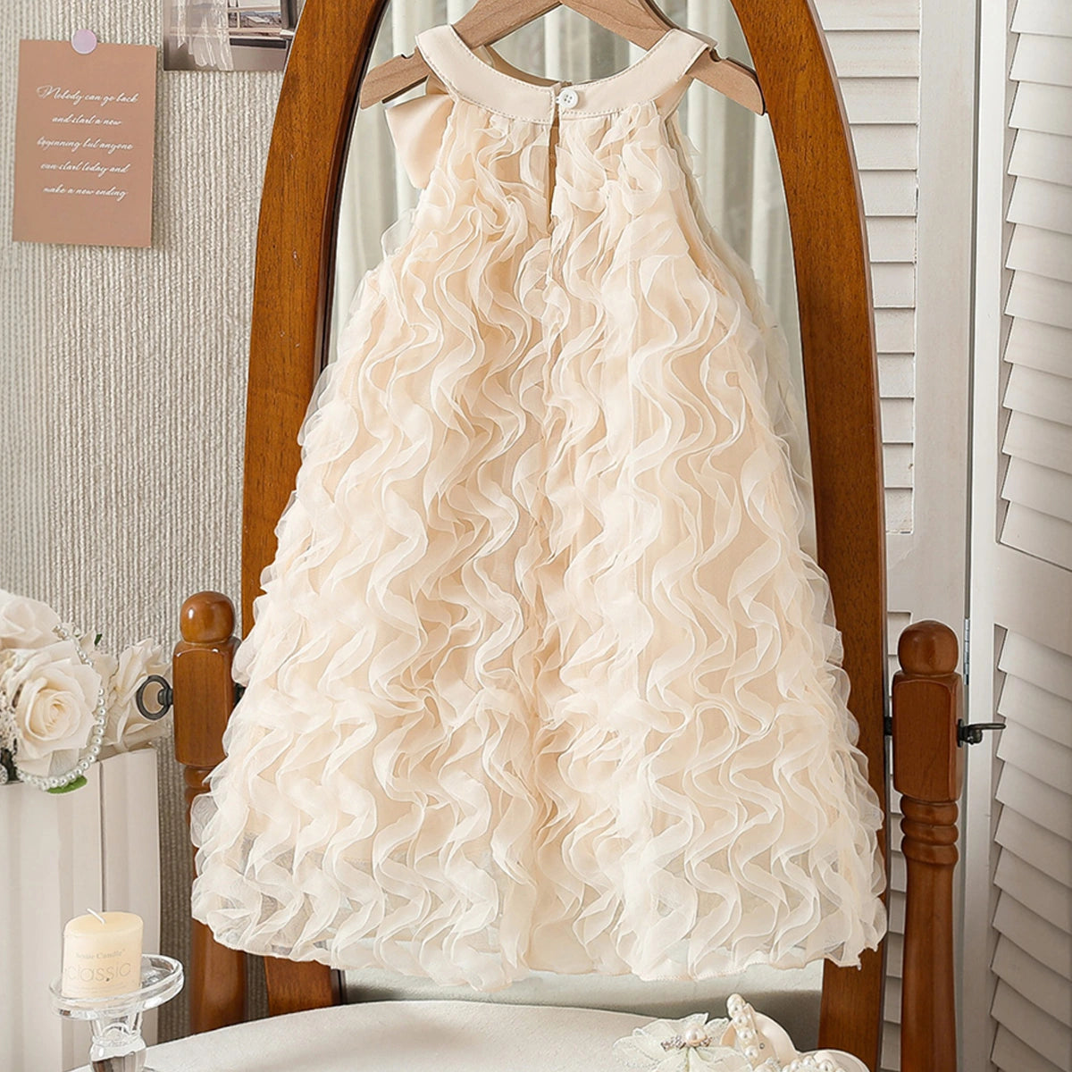 Girls Apricot Bow Applique A-line Dress With Wave Mesh Ruffles Detail Casual Dresses