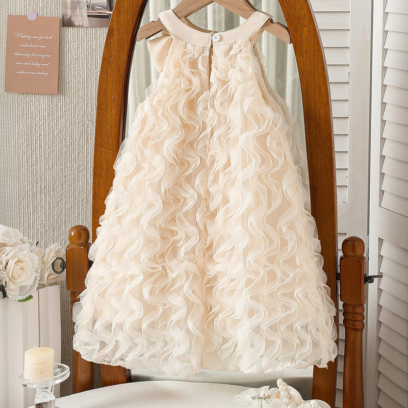 Girls Apricot Bow Applique A-line Dress With Wave Mesh Ruffles Detail Casual Dresses