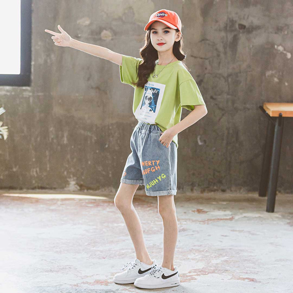 Girls Short Sleeve Graphic T-Shirt With Denim Shorts Set 2 pc. Sets   