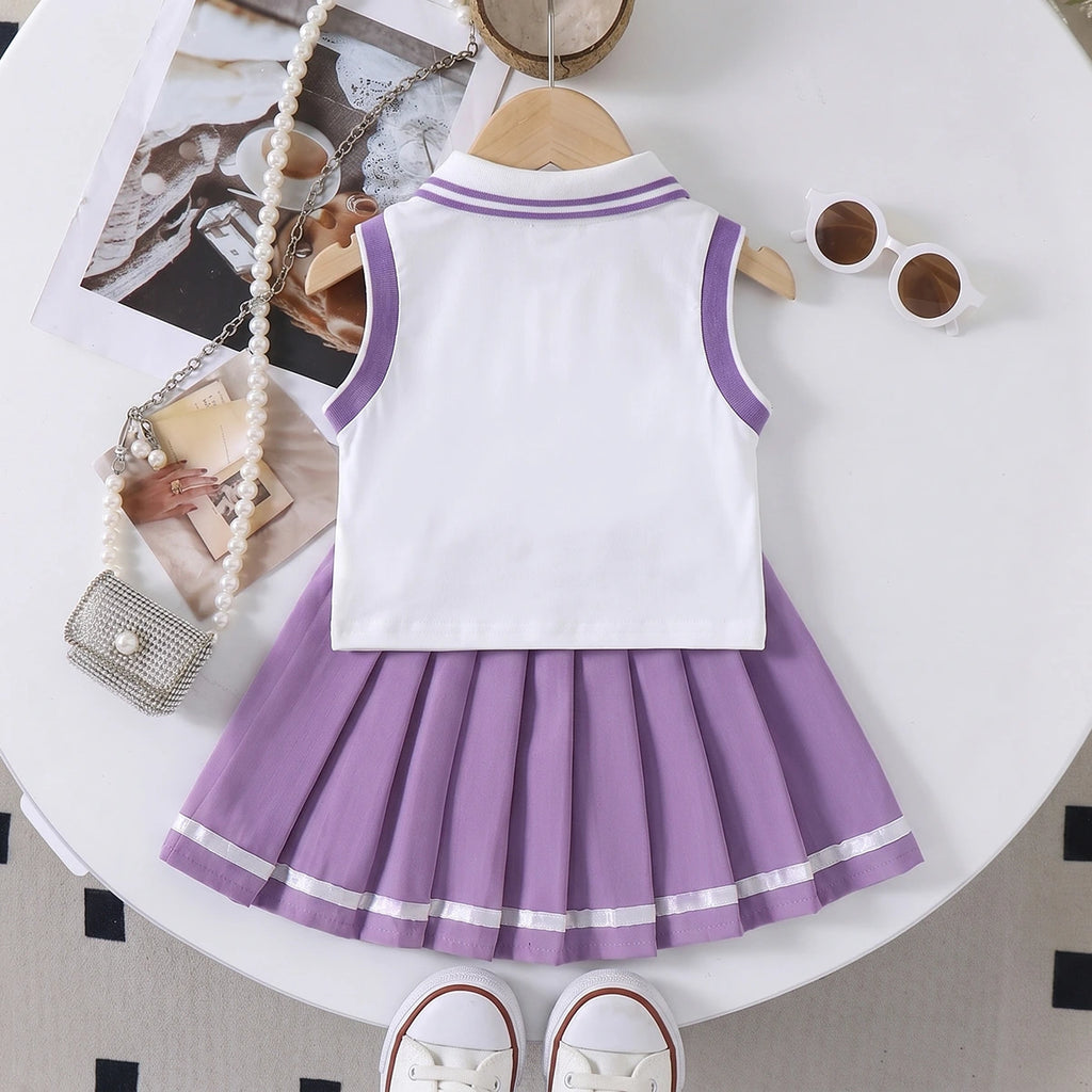 Girls Heart Embroidered Polo Top With Purple Pleated Skirt Sets 2 pc. Sets