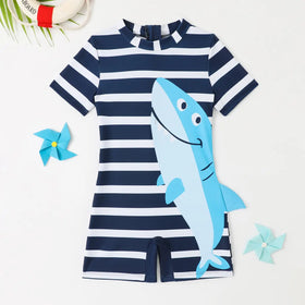 Boys Navy Blue Stripes Short Sleeves Swimwear Bodysuit Beachwear Navy Blue 3-4 Y