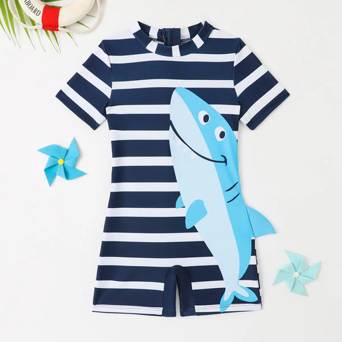 Boys Navy Blue Stripes Short Sleeves Swimwear Bodysuit Beachwear Navy Blue 3-4 Y