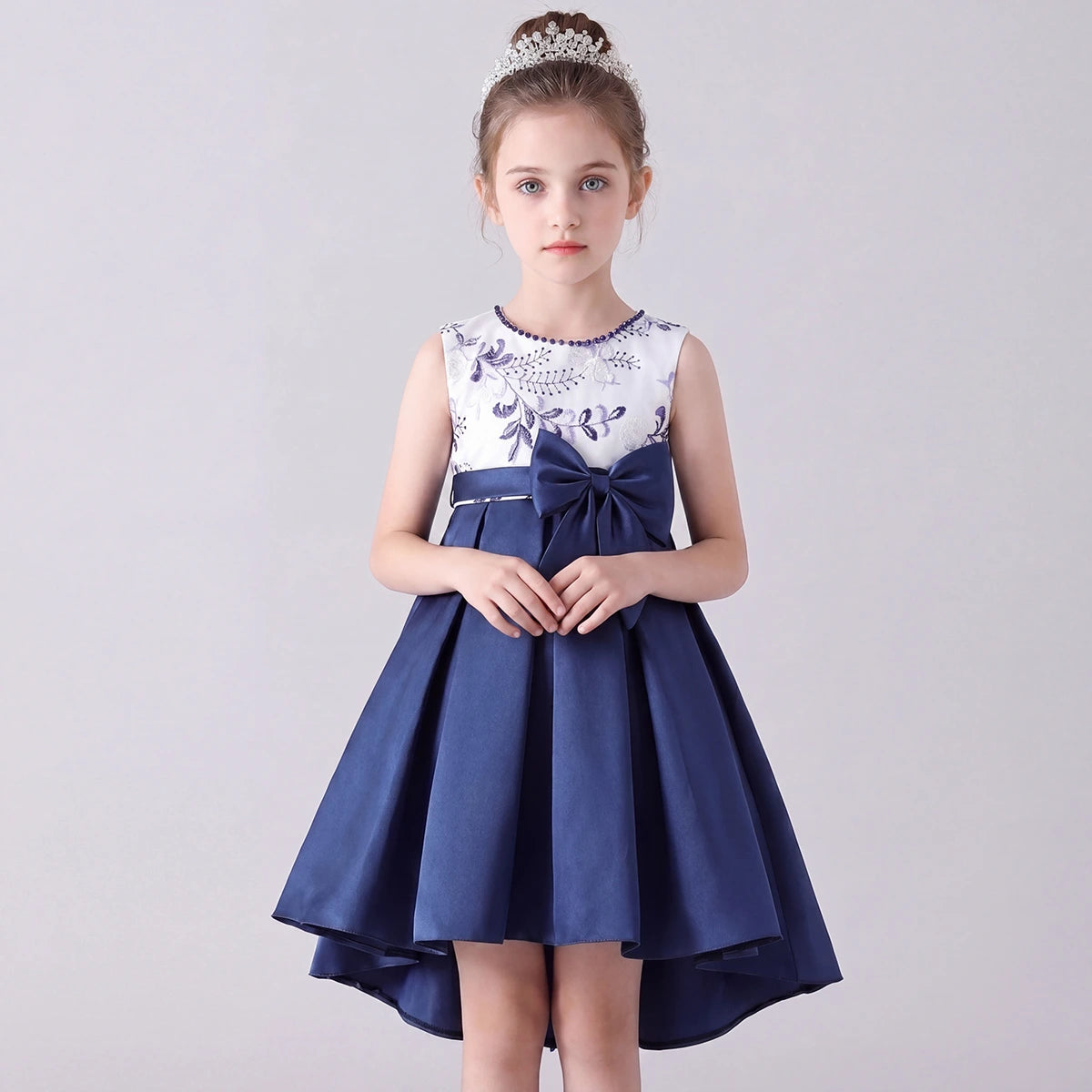 Girls Navy Blue Embroidered Sleeveless High-Low Party Wear Dress Party Dresses Navy Blue 3-4 Y
