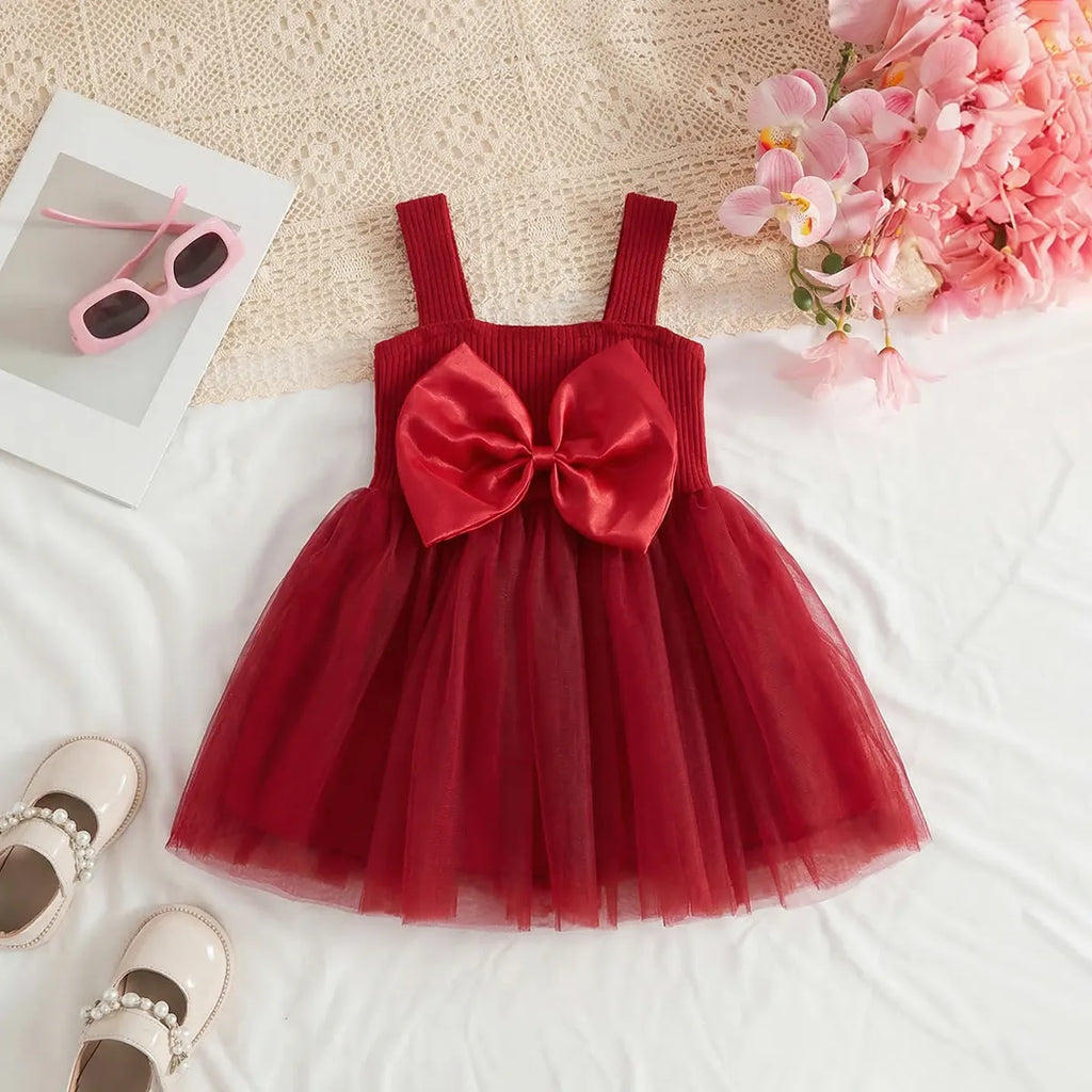 Girls Maroon Sleeveless Tulle Overlay Fit & Flare Dress With Bow Detail Casual Dresses Maroon 1-2 Y