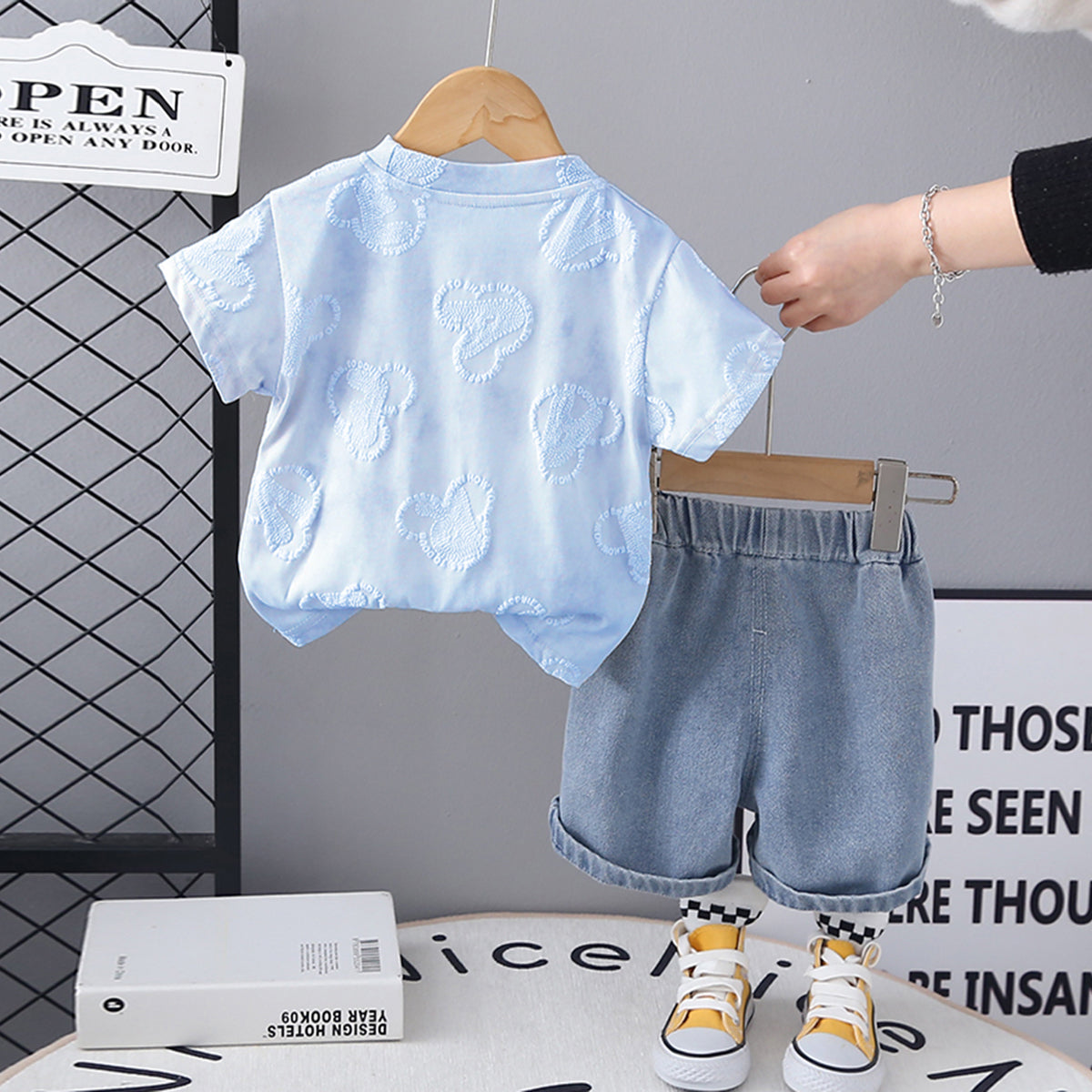 Girls Blue Puff Print Short Sleeve T-Shirt With Denim Shorts Set 2 pc. Sets