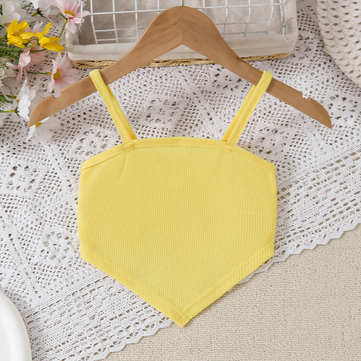 Girls Yellow Crop Top With Distressed Smiley Printed Denim Pants Set Sets