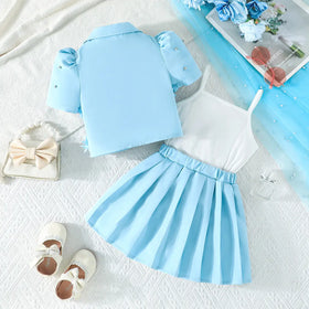 Girls Blue Floral Applique Top With Camisole Top And Pleated Skirts Sets 3 pc. Sets
