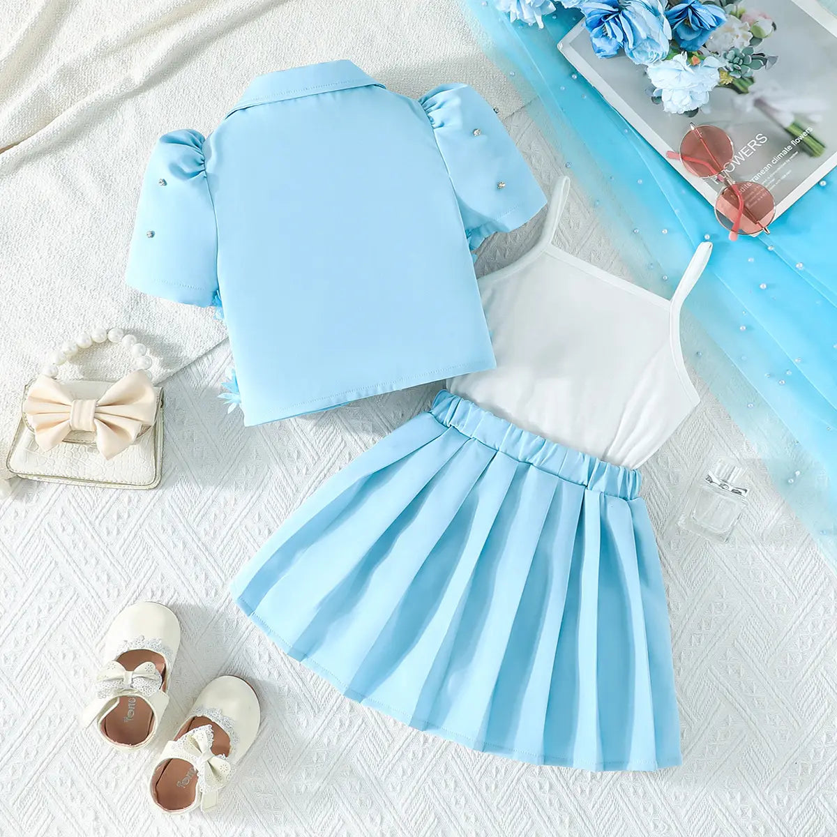 Girls Blue Floral Applique Top With Camisole Top And Pleated Skirts Sets 3 pc. Sets