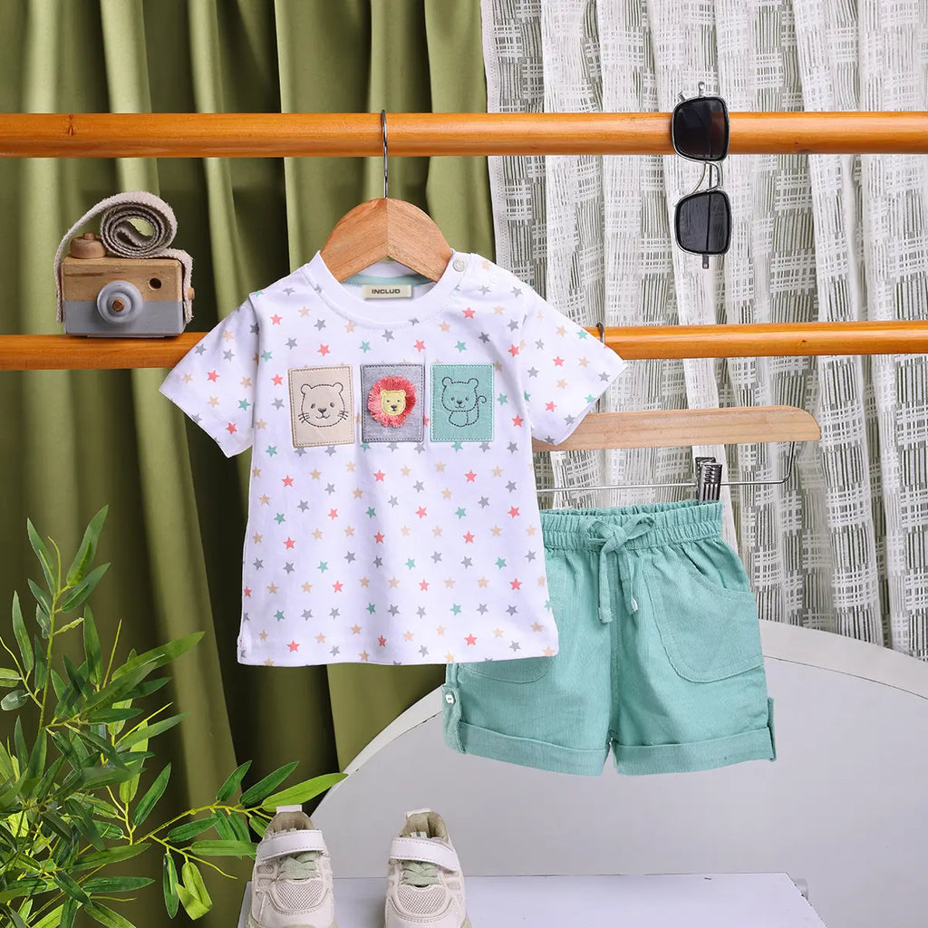 Boys Multicolor Star Printed T-Shirt With Sea Green Shorts Sets Sets Sea Green 0-1 M