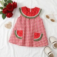Girls Red Checked Watermelon Theme Sleeveless A-line Dress Casual Dresses Red 1-2 Y