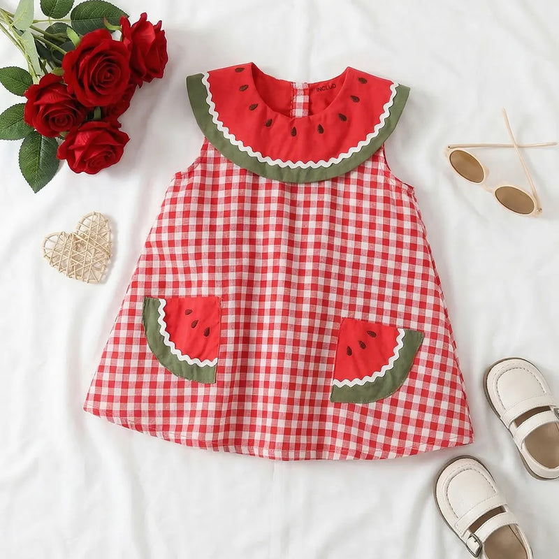 Girls Red Checked Watermelon Theme Sleeveless A-line Dress Casual Dresses Red 1-2 Y