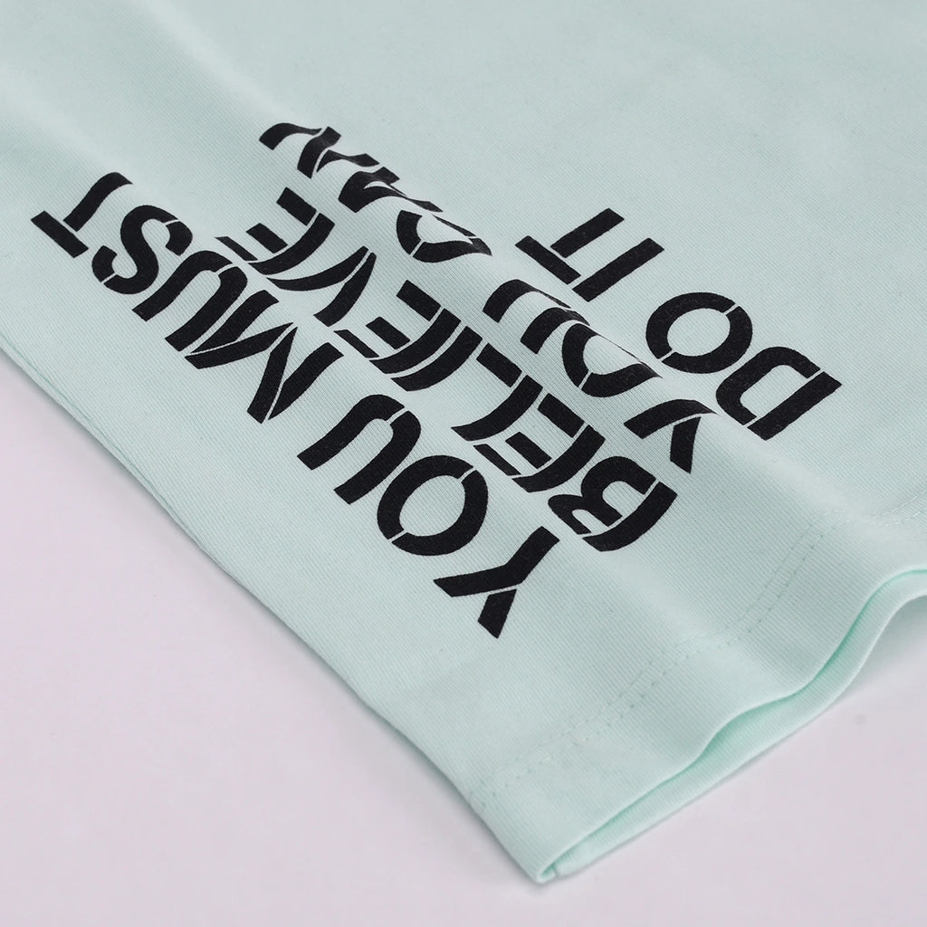 Boys Light Green Typography Print Short Sleeve T-Shirt With Drawstring Shorts Sets Sets
