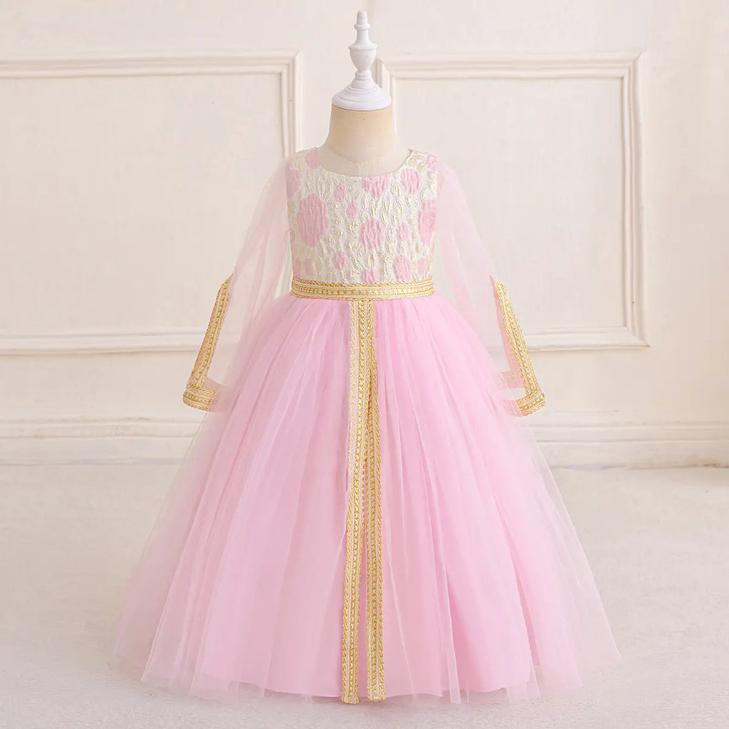 Girls Pink Floral Fit & Flare Dress With Long Sleeves Casual Dresses Pink 3-4 Y