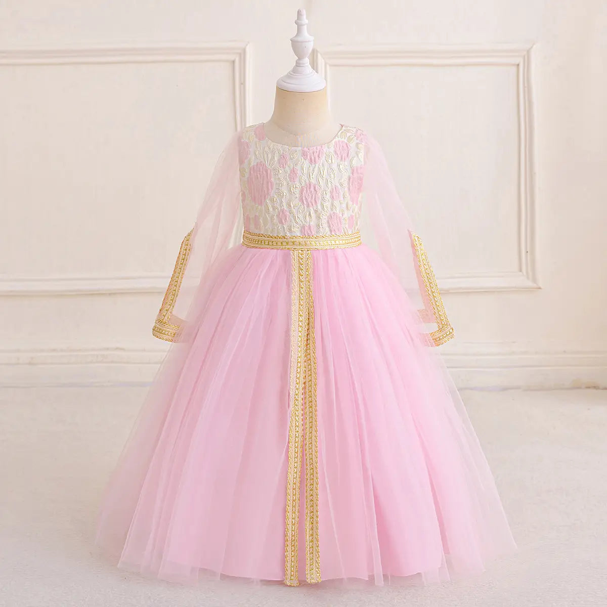 Girls Pink Floral Fit & Flare Dress With Long Sleeves Casual Dresses Pink 3-4 Y