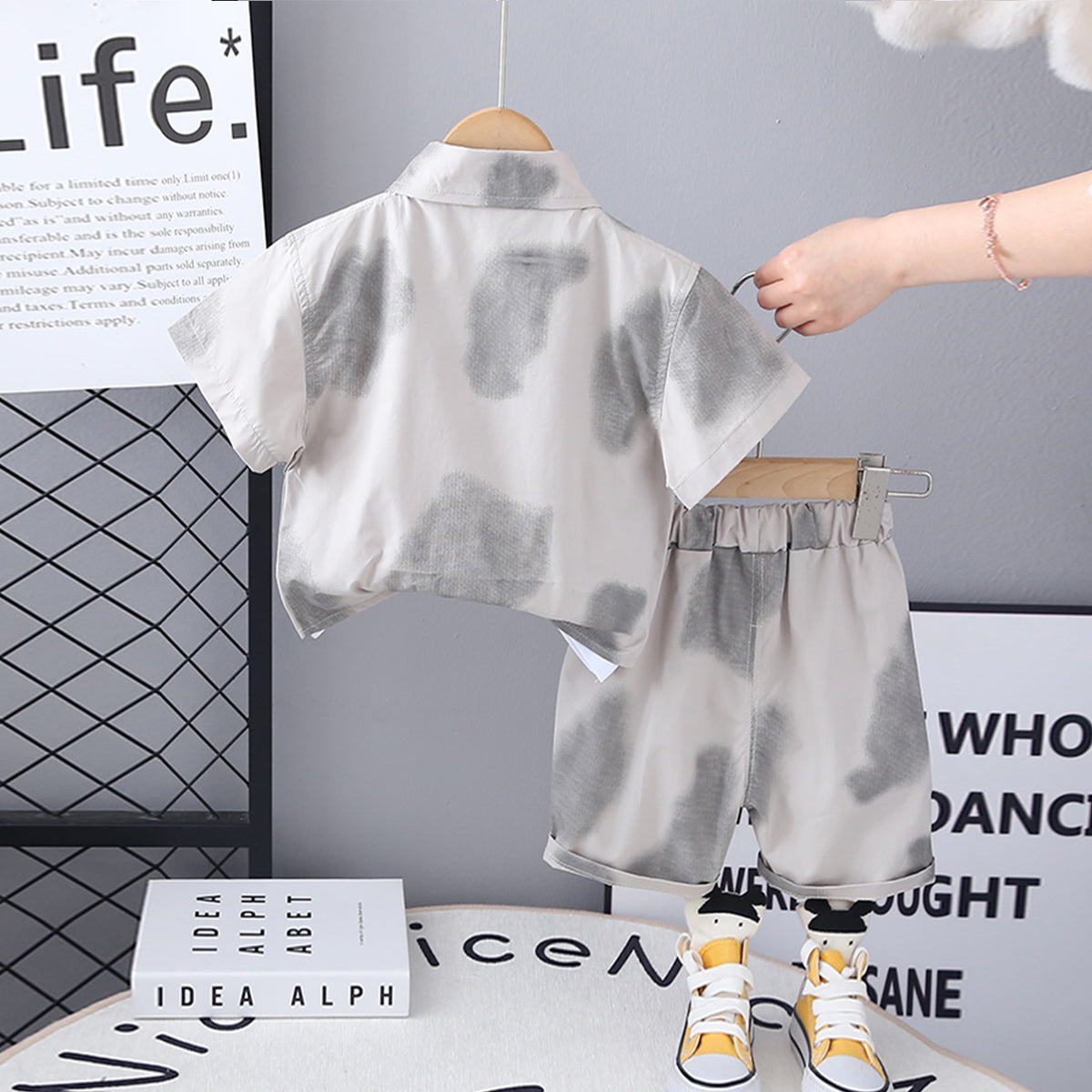 Boys Beige Printed Short Sleeves Shirt With T-Shirt And Shorts Set 3 pc. Sets