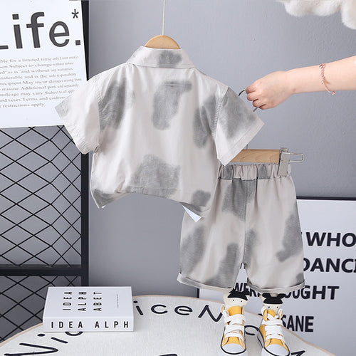 Boys Beige Printed Short Sleeves Shirt With T-Shirt And Shorts Set 3 pc. Sets