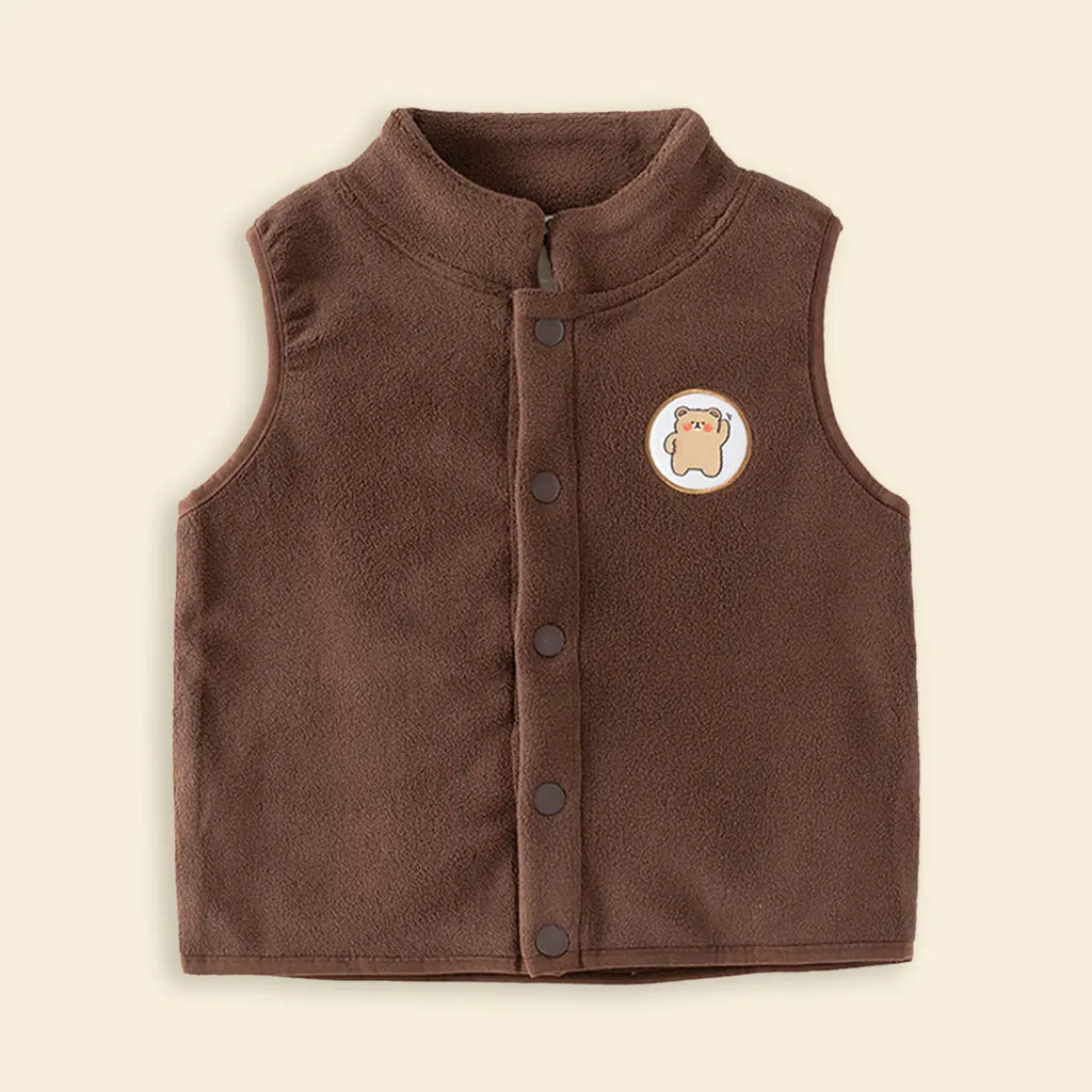 Boys Dark Brown Fleece Vest With Bear Patch Coats & Jackets