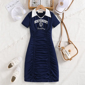 Girls Blue Typographic Printed Polo Collar Bodycon Dress Casual Dresses Blue 7-8 Y