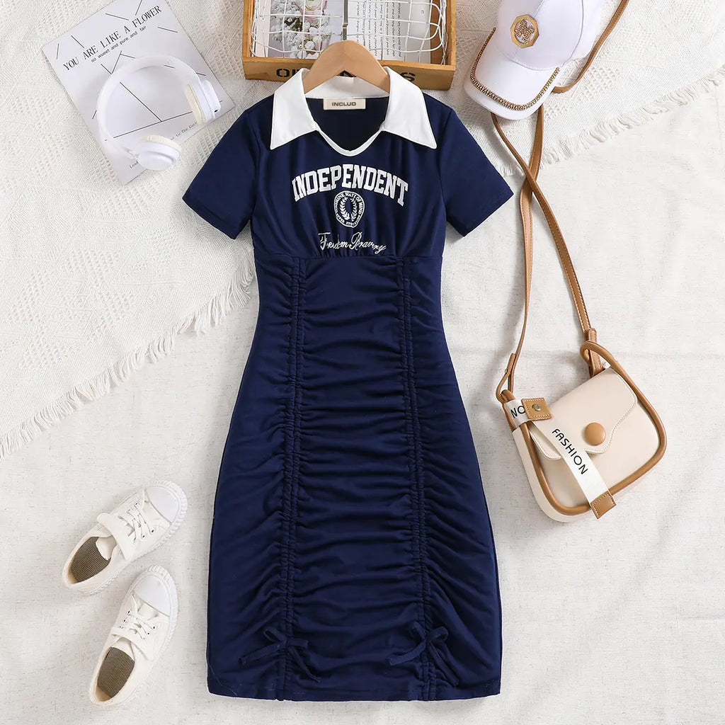 Girls Blue Typographic Printed Polo Collar Bodycon Dress Casual Dresses Blue 7-8 Y