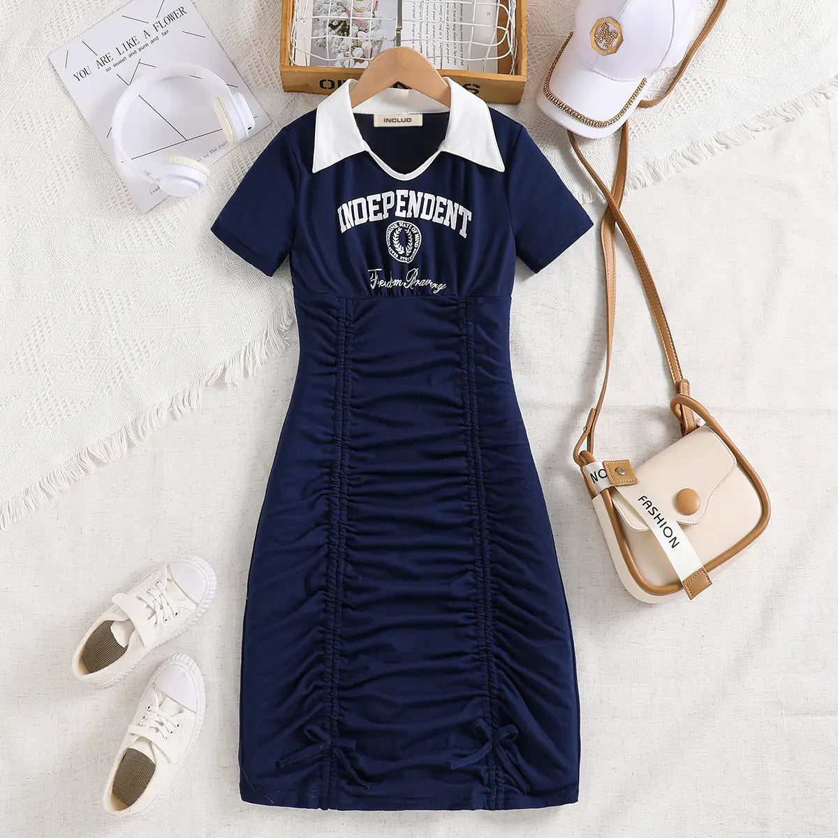 Girls Blue Typographic Printed Polo Collar Bodycon Dress Casual Dresses Blue 7-8 Y