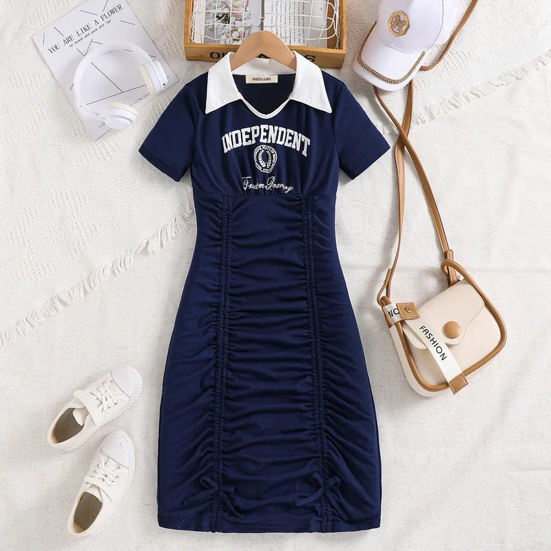 Girls Blue Typographic Printed Polo Collar Bodycon Dress Casual Dresses Blue 7-8 Y