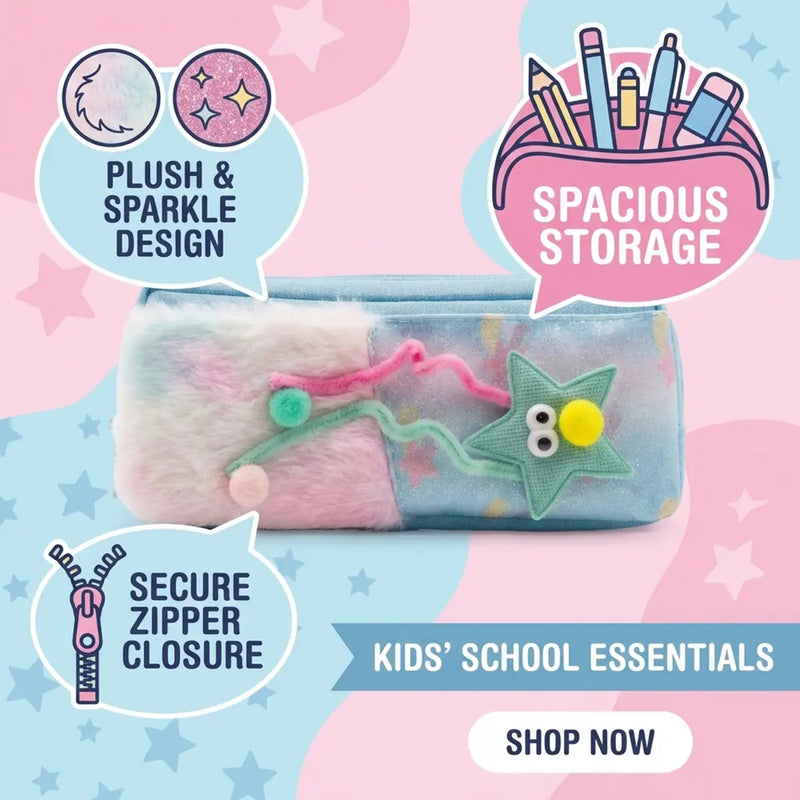Girls Plush Fur Pencil Pouch with Star Design -Cute Zipper Pencil Case for School Trending Accessories