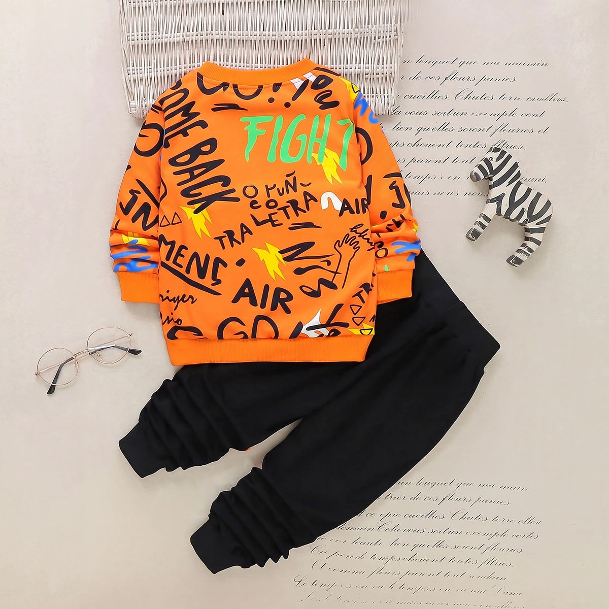 Boys orange typographic long sleeve sweatshirt and black joggers set