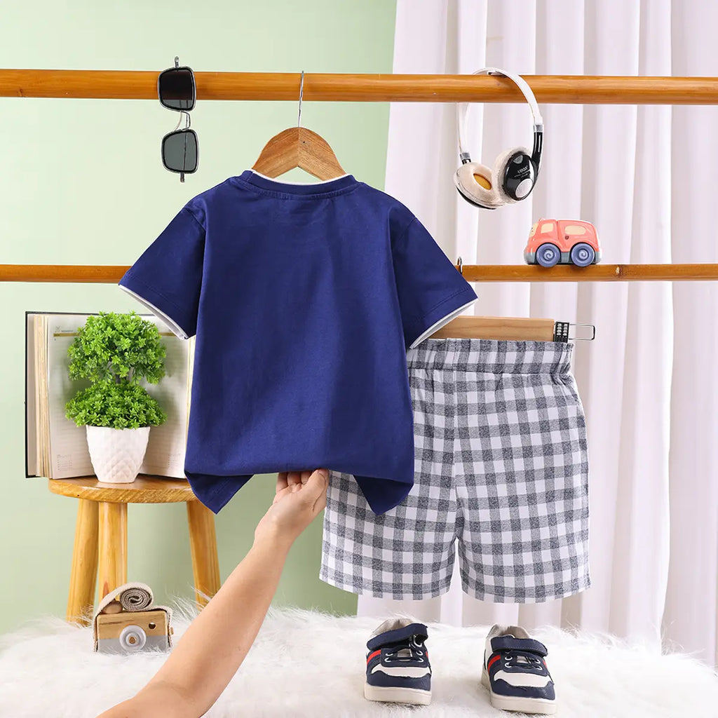 Boys Navy Blue Typographic Short Sleeve T-Shirt With Checked Shorts Sets Sets