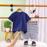 Boys Navy Blue Typographic Short Sleeve T-Shirt With Checked Shorts Sets Sets