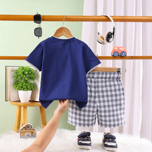 Boys Navy Blue Typographic Short Sleeve T-Shirt With Checked Shorts Sets Sets
