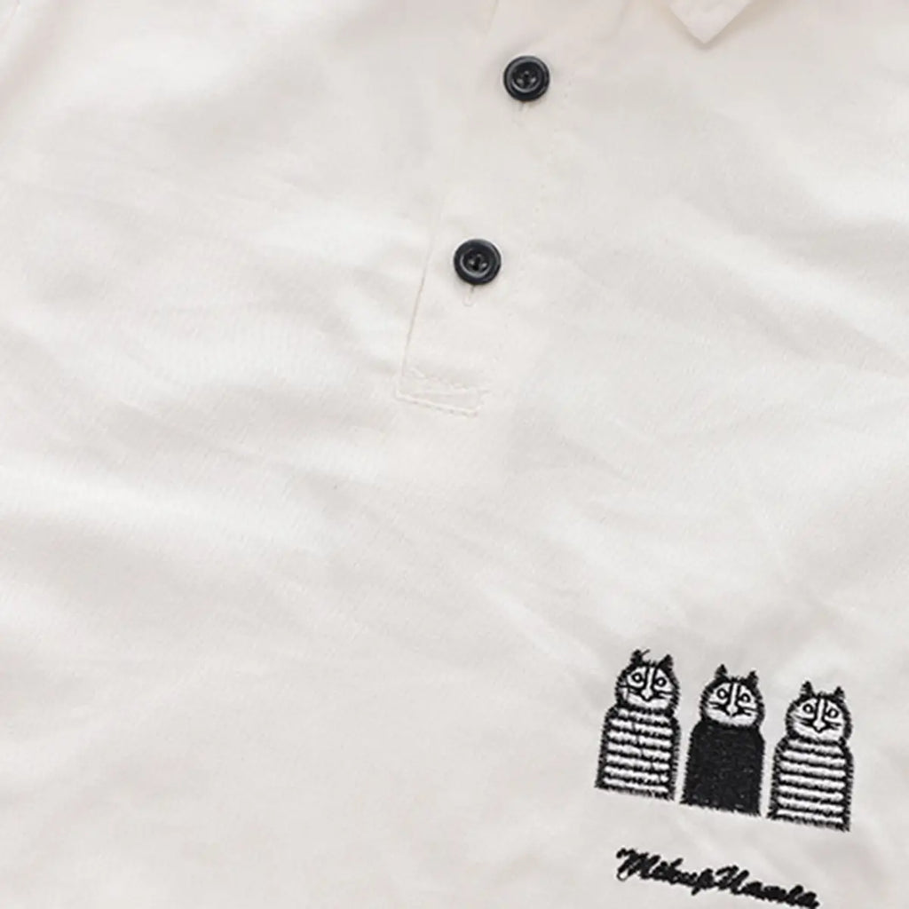 Boys White Three Cat Cartoon Printed Polo Shirt With Denim Pants Set Sets