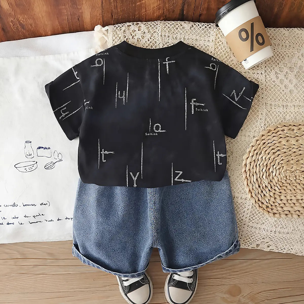 Boys Black Typographic Printed Short Sleeves T-Shirt With Denim Shorts Sets 2 pc. Sets