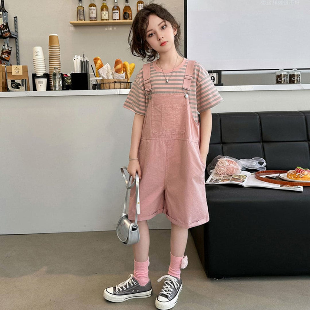 Girls Striped T-Shirt With Dungaree Set