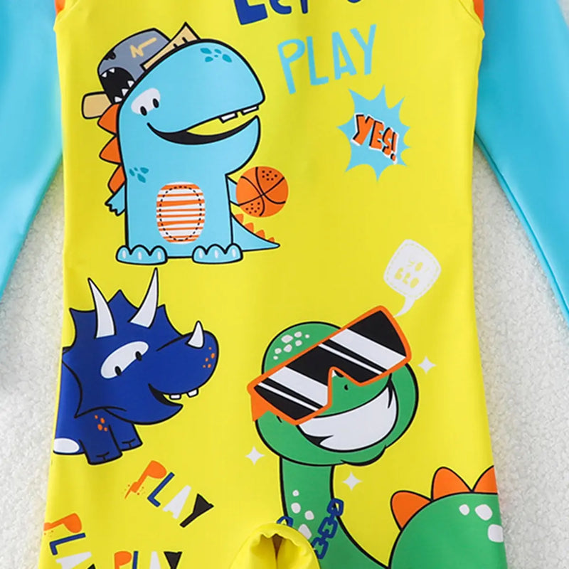 Boys Yellow Graphics Swimwear Bodysuit With Long Sleeves Beachwear