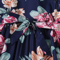 Girls Blue Floral Printed Sleeveless Net Yoke Dress Casual Dresses
