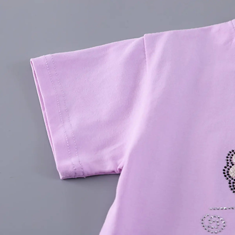 Girls Purple Flower Embellished T-Shirt With Denim Shorts Sets Sets