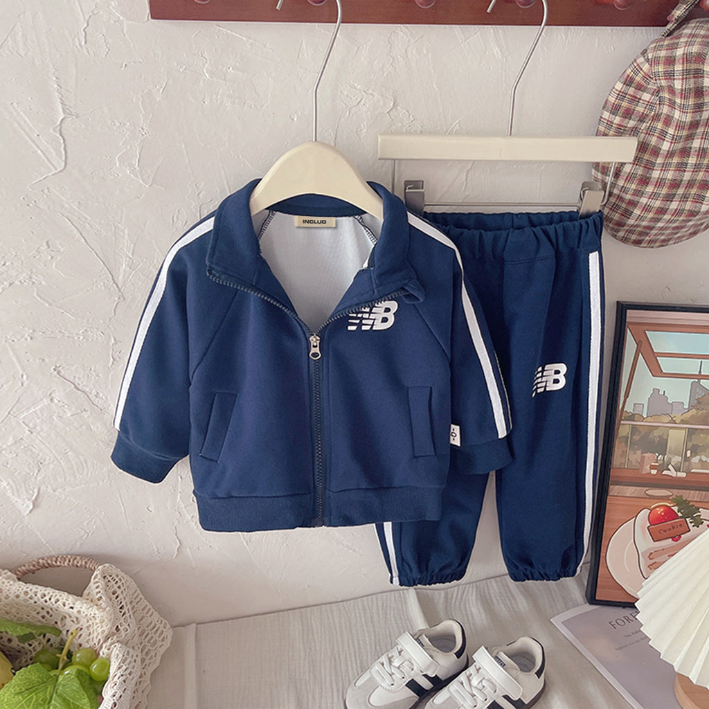 Boys Blue Solid Winter Zipper Jacket With Trackpants Co-ord Set 2 pc. Sets Blue 1-2 Y