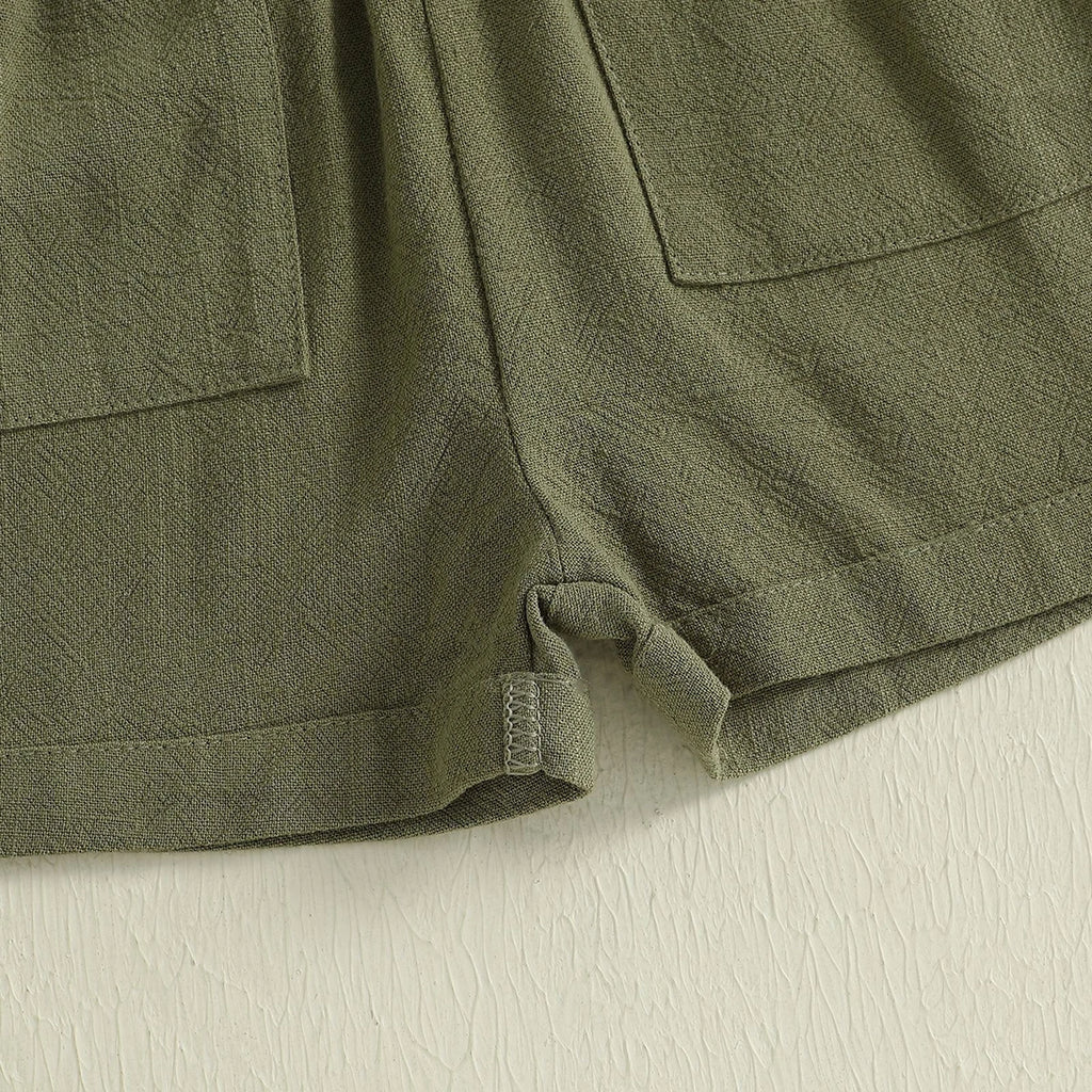 Girls Olive Green Button Front Short Sleeve Romper With Bow Detail Playsuits